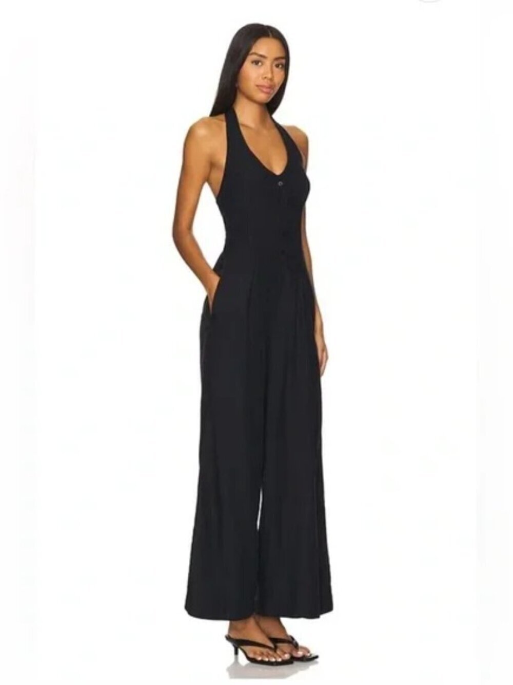 NWT L*SPACE Alena Women’s Halter Wide-Leg Linen Blend Jumpsuit in Black Size L